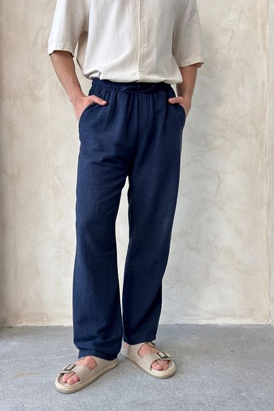 HYMAN Men's Elastic Waist Baggy Fit Linen Trousers