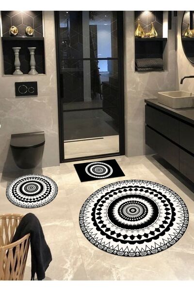 Ardizayn سجادة حمام مستديرة من La Scala، غير قابلة للانزلاق، قاعدة قطنية (100X100-60X60-40X60 سم، مجموعة من 3 قطع)