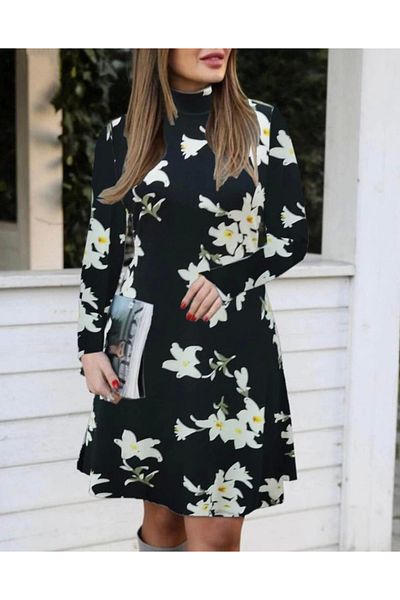 Ramby Rochie de damă cu mânecă lungă, cu imprimeu floral, creponată