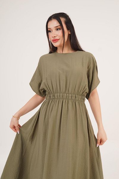 Hipo Trend A-Line Short Sleeve Khaki Long Dress with Elastic Waist