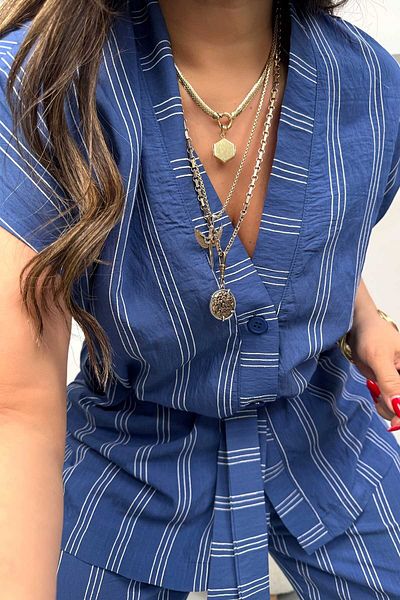 Sohotique By P Striped Belted Crinkled Viscose Suit Blue