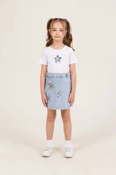 wakawakakidsstore Glitter Detailed Star Printed White T-Shirt and Denim Skirt Girl's Set