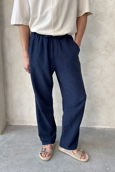 HYMAN Men's Elastic Waist Baggy Fit Linen Trousers