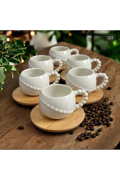 YzHome 6-Person 12-Piece White Porcelain Coffee Cup Set with Bamboo Plates 90ml