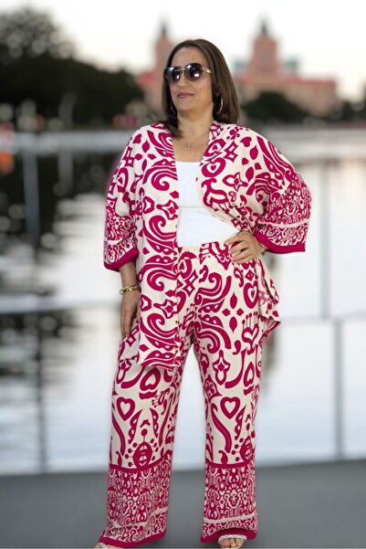 yagmurberen Flamli Viscosa Cotton Shawl Collar Jacket Waist Elastic Pants Large Size Double Suit