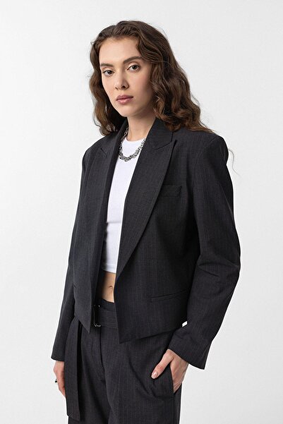 Antioch Anthracite Women's Pinstripe Crop Blazer Jacket