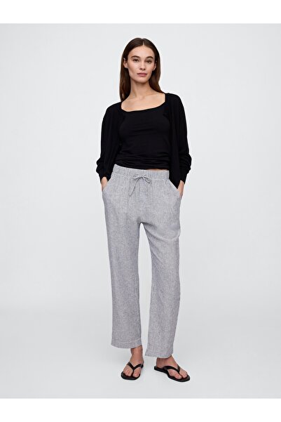 GAP Kadın Beyaz Mid Rise Keten Karışımlı Çizgili Kolay Pantolon