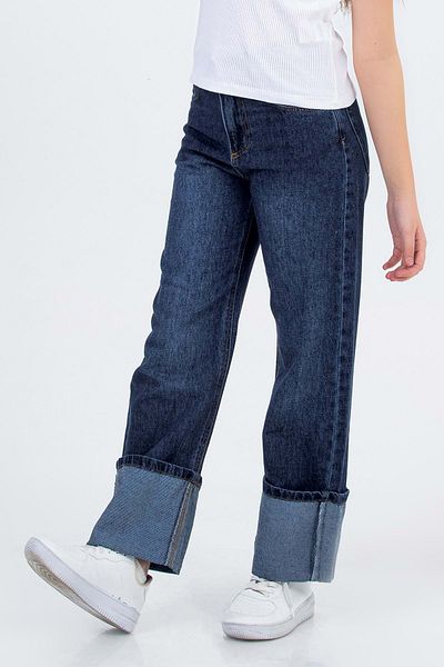 Hopi Kids Pantaloni din denim indigo pentru fetiță de 11-12 ani - picior pliat D