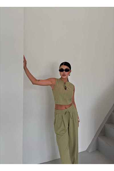 butik derin Linen Shirt Jacket Pants Women's Set Stone