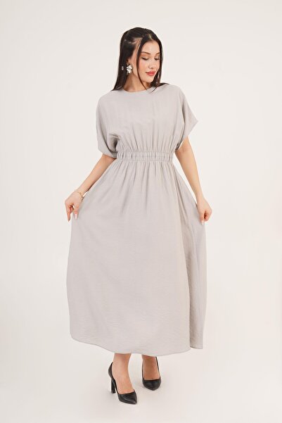 Hipo Trend Κοντό μανίκι σε γραμμή Α Γκρι μακρύ φόρεμα με ελαστική μέση