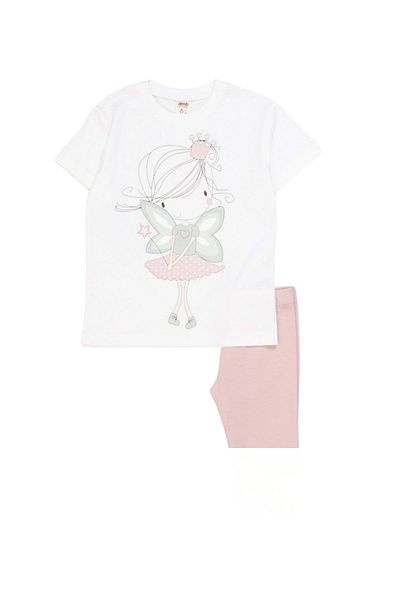 wakawakakidsstore Fairy Girl Printed White T-Shirt and Pink Leggings Girl Set - Powder