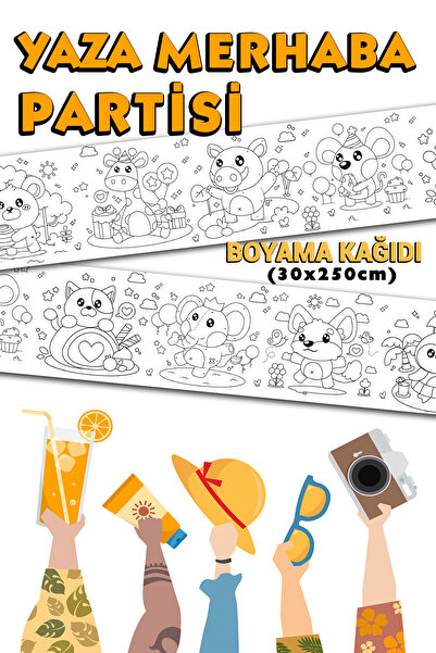 BiWini Yaza Merhaba Partisi Temalı Dev Boyama Kağıdı 2,5 Metre Rulo Boyama Ka...