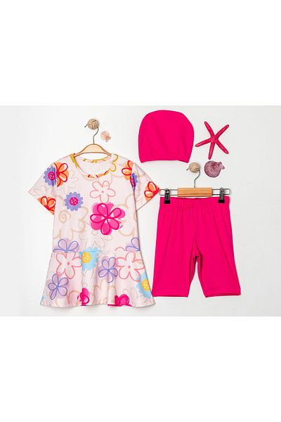 AyCaTa Floral Patterned Bonneted Girl's Triple Hijab Swimsuit Set
