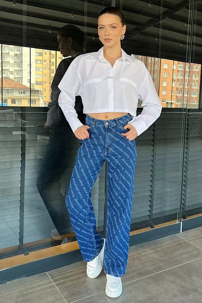 GÜLSELİ Navy Blue Wide Leg Lycra Women's Jean Jeans