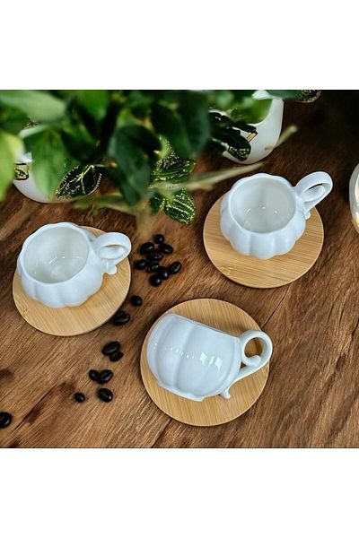 YzHome 6-Person 12-Piece White Porcelain Coffee Cup Set with Bamboo Plates 90ml