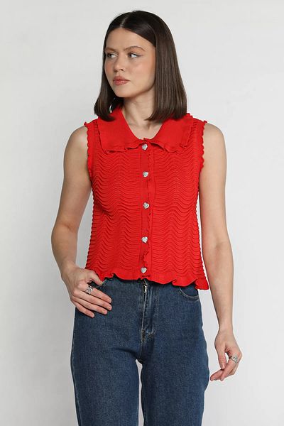GÜLSELİ Red Women's Baby Collar Wave Patterned Knitwear Vest