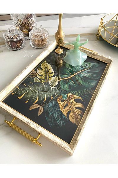 Mirsa Global Leaf Patterned Tea Tray, Luxury Tea Tray, Presentation Tray