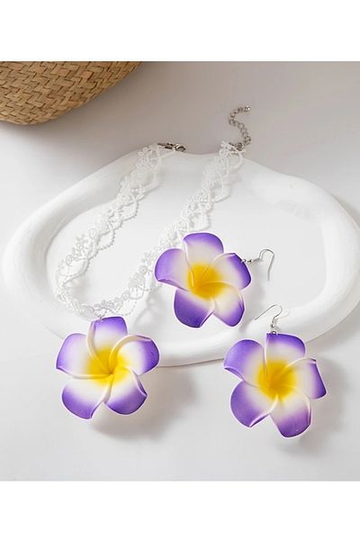 BirYıldızOl Hibiscus Flower Fabric Design Women's Earrings Necklace Set
