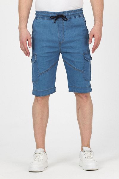 DAMGA JEANS Men's Elastic Waist Summer Sports Cargo Pocket Blue Capri Shorts