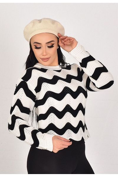 K-ODEA BUTİK Knit Detail Wave Pattern Stand Collar 2 Color Sweater Women