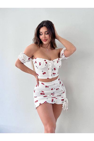 Miss Cherry Patterned Skirt Gathered Double Set