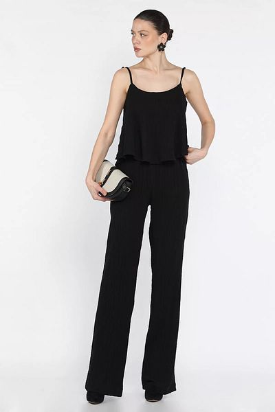 GÜLSELİ Black Rope Strap Linen Blouse Trousers Double Set