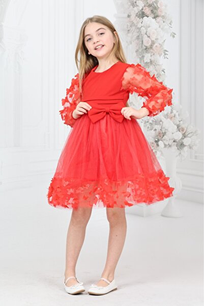 nacar çarşı Kız Çocuk Kelebek Detaylı Uzun Kol Abiye Mezuniyet Elbisesi