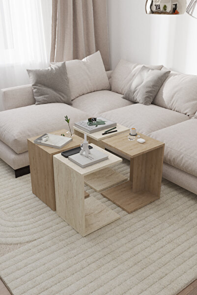 POFİTTO Mila 4'lü Orta Sehpa Takımı Travarten ve Safir Desenli İskandinav, Bohem FONKSİYONEL KULLANIM