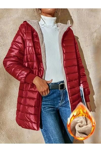 TANLA BUTİK Women's Long Sleeve Hooded Pocket Detailed Zippered Medium Length Coat