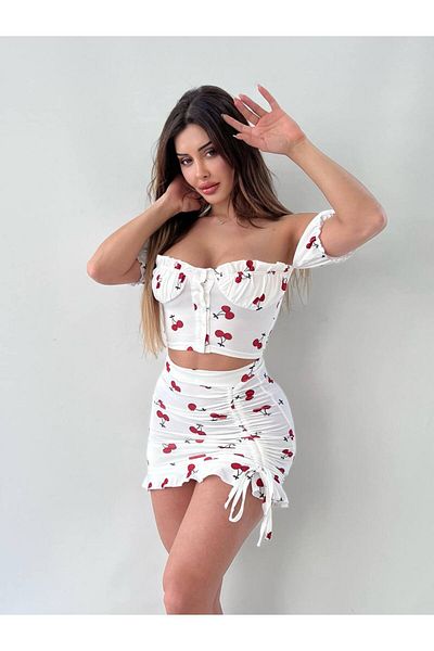 Miss Cherry Patterned Skirt Gathered Double Set