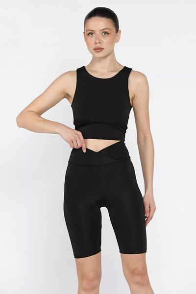GÜLSELİ Black Women's Cross Belt Detailed High Waist Short Leggings