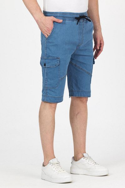 DAMGA JEANS Men's Elastic Waist Summer Sports Cargo Pocket Blue Capri Shorts