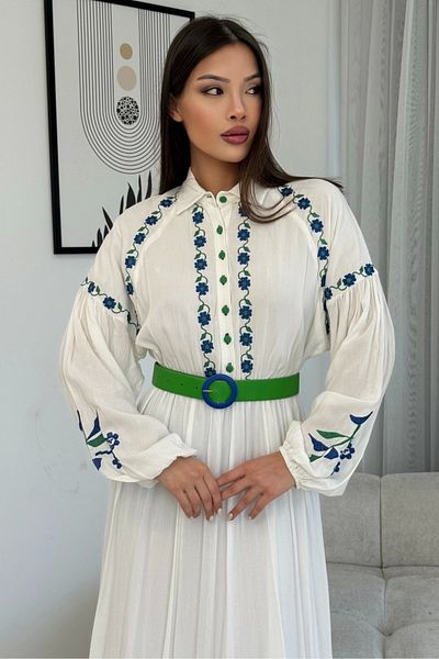 PHELDA Βαμβακερό φόρεμα Hijab με λεπτομέρεια κεντήματος και ζώνης 747-Λευκό/Πράσινο