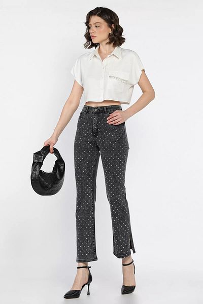 GÜLSELİ Smoked Women's High Waist Stone Embroidered Slit Detailed Jean Jeans