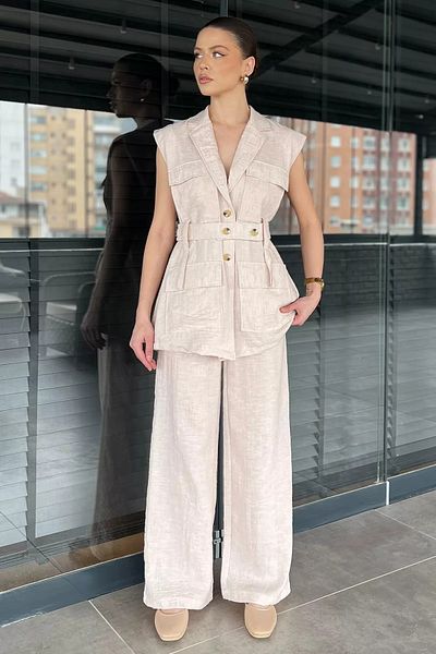 GÜLSELİ Stone Women's Waist Belted Vest Trousers Double Set