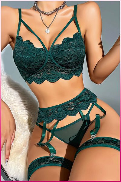 melonika Women's Green Lace Detailed Garter Suit
