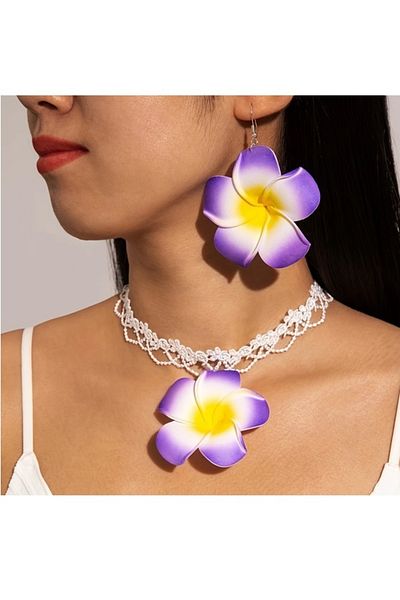 BirYıldızOl Hibiscus Flower Fabric Design Women's Earrings Necklace Set