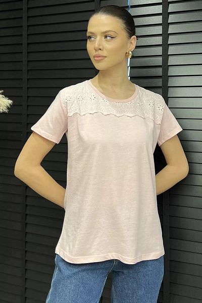GÜLSELİ Tricou de damă roz cu dantelă brodat cu decolteu