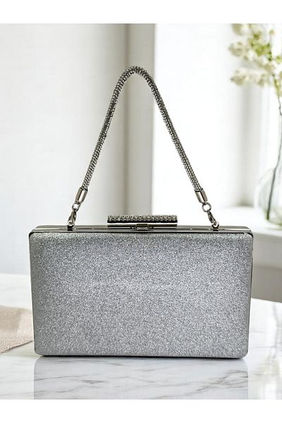 Biçanta Silver Gray Lame Glitter Non-Spill Imported Sandstone Stone Handle Women's Evening Dress Bag Wedding Engagement Graduation