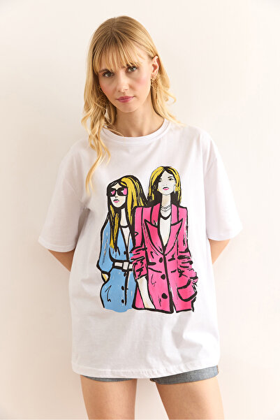 Olalook Γυναικείο βαμβακερό μπλουζάκι με λευκό σχήμα TSH-19000897