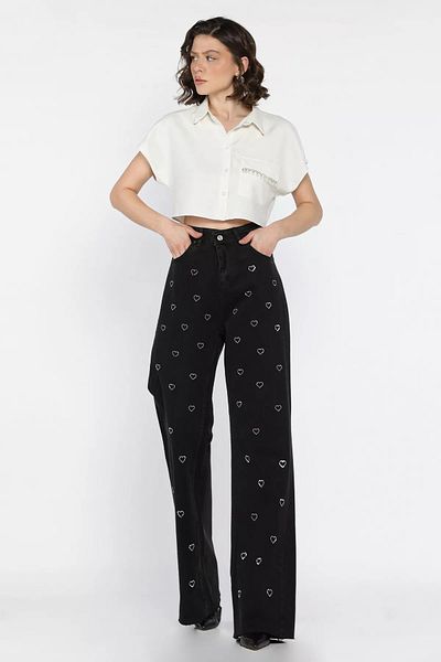 GÜLSELİ Black Women's High Waist Heart Pattern Jean Jeans