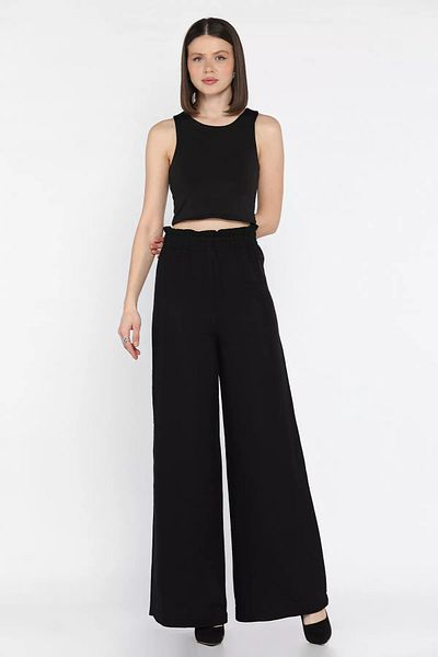 GÜLSELİ Black Women's Elastic Waist High Waist Loose Wide Leg Palazzo Trousers