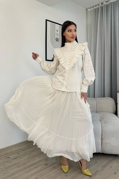 lodmela Lace Detailed Blouse Pleated Chiffon Skirt Double Set 4706-White