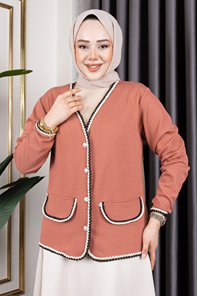 Sfg Life Moda Kadın Önü Cep Detaylı Düğmeli Ve Örgü Kumaş Burgu Hırka