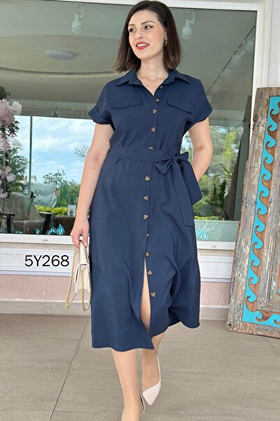 İnce Topuk Düğmeli Pinco Kumaş Elbise 5y268