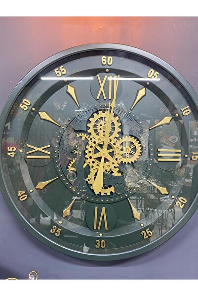 elif aksesuar Haki Yeşil Lüx Çarklı Metal Büyük Duvar Saati 80 cm