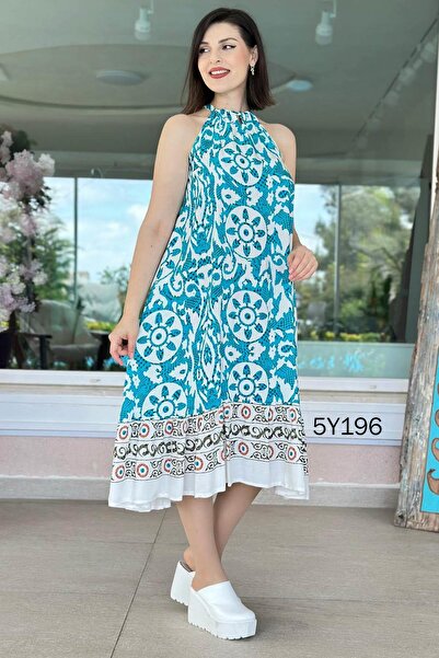 İnce Topuk Halter Neck Patterned Viscose Dress 5Y196