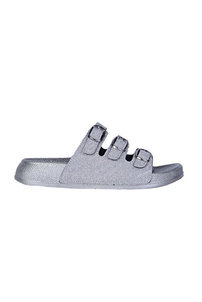 Pienn Women's Gray Banded Glittery Soft Sole Buckle Slippers (500 ml Baby Shampoo Gift)