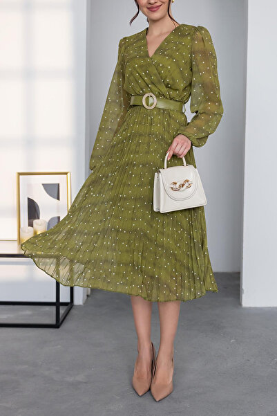 XXL BUTİK γυναικείο πλισέ φόρεμα με ζώνη midi μήκους