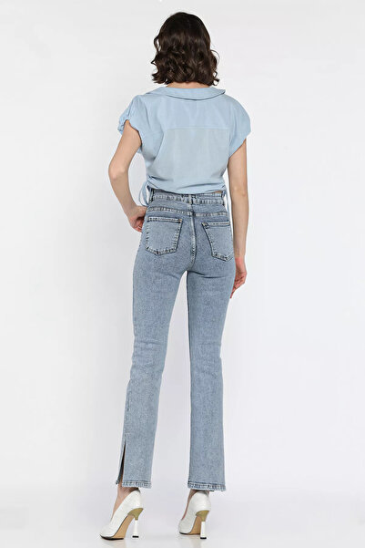 Zehra Gül Buzmavisi Kadın Yüksek Bel Taş İşlemeli Yırtmaç Detaylı Jean Kot Pantolon